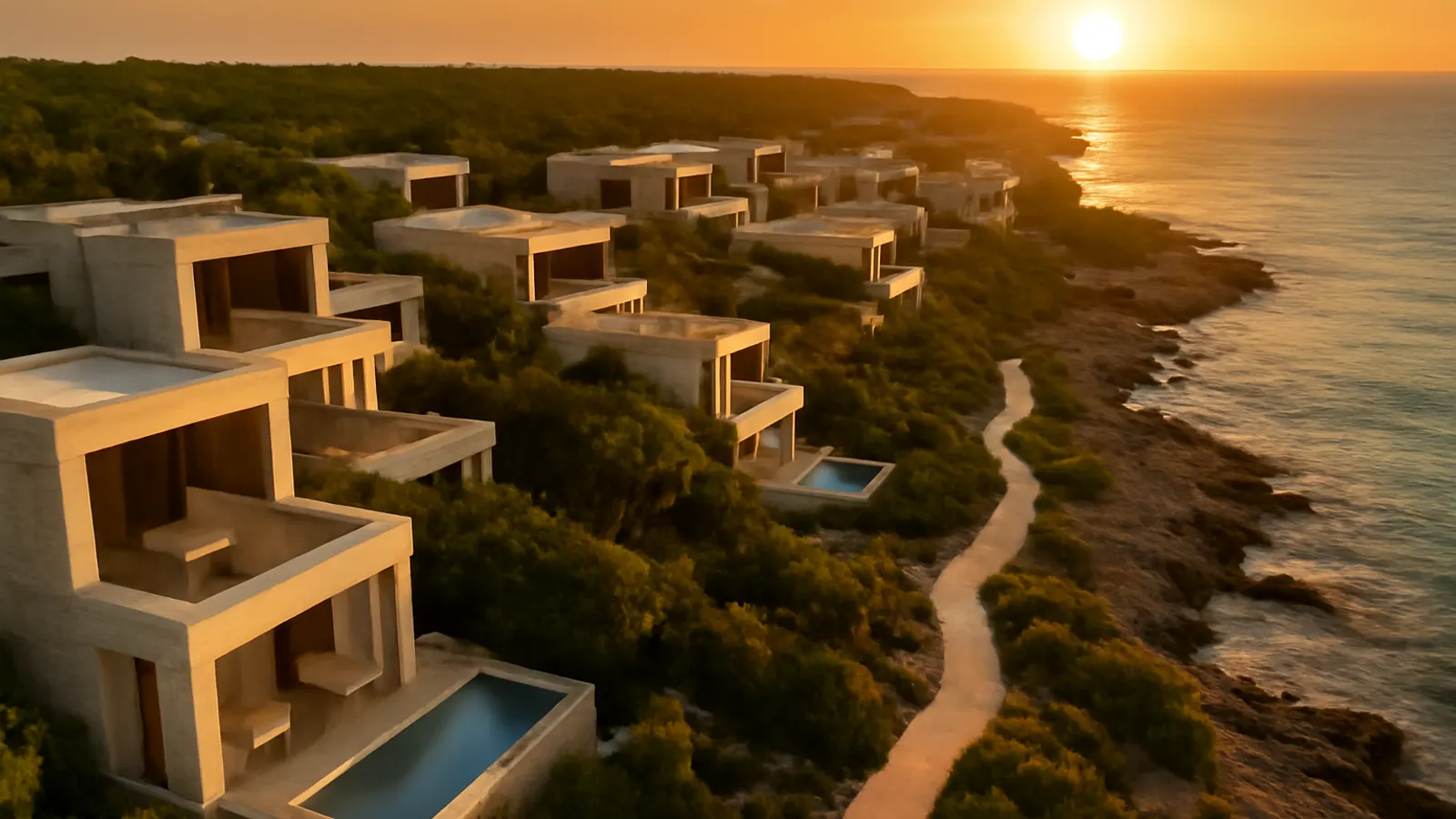 Vista aérea al atardecer de una zona residencial de lujo en Punta Cana con arquitectura en travertino crema y hormigón visto, rodeada de vegetación autóctona, reflejando el contexto caribeño y el mercado inmobiliario de lujo