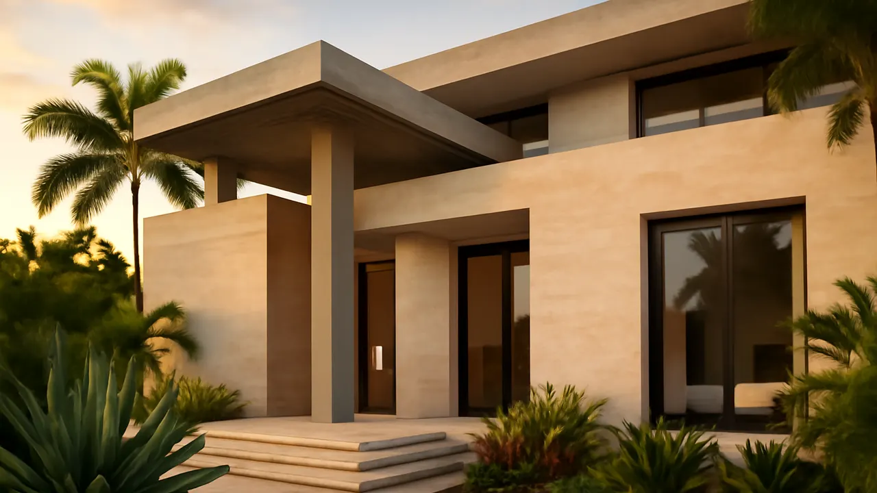 Exterior of a luxury villa in Punta Cana with cream travertine and exposed concrete details, surrounded by native vegetation, image illustrating key factors for efficient vacation rental management