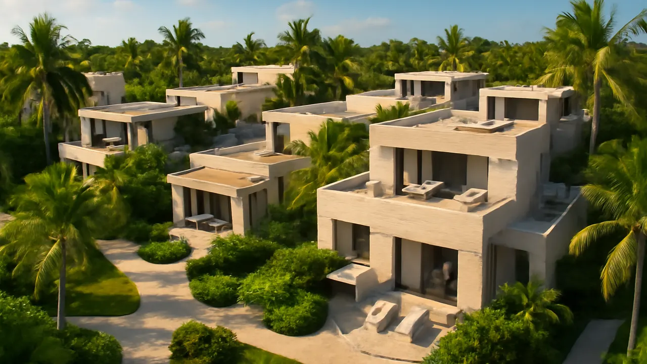 Aerial view of a cluster of luxury vacation accommodations in Punta Cana with cream travertine architecture and native vegetation, representing vacation rental occupancy trends