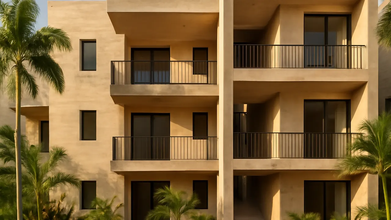 Facade of modern residential building in Punta Cana with cream travertine details and exposed concrete, native vegetation, and afternoon light, image for specific mortgage conditions for non-residents