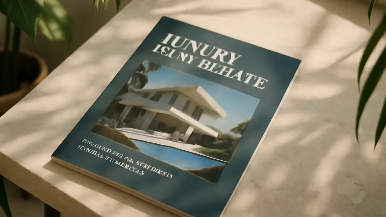 Detail of luxury real estate brochure on cream travertine table with tropical plants, soft natural light, image for real estate financing options in Punta Cana for international investors