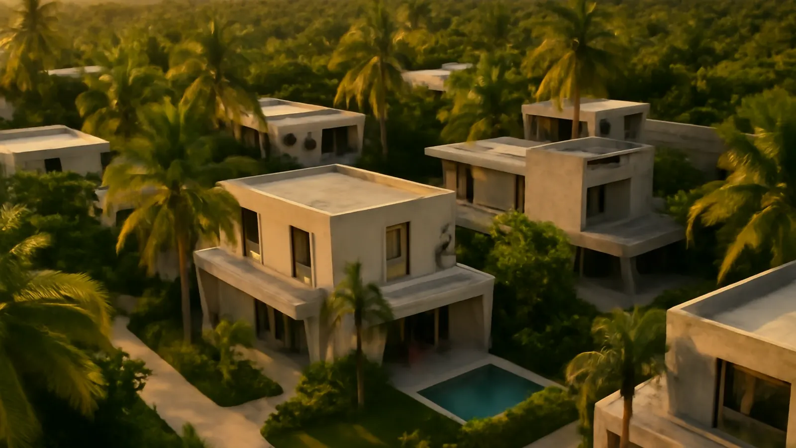 Aerial sunset view of a luxury residential area in Punta Cana with cream travertine architecture and exposed concrete, native vegetation, and warm light, image for mortgages for foreigners in Punta Cana