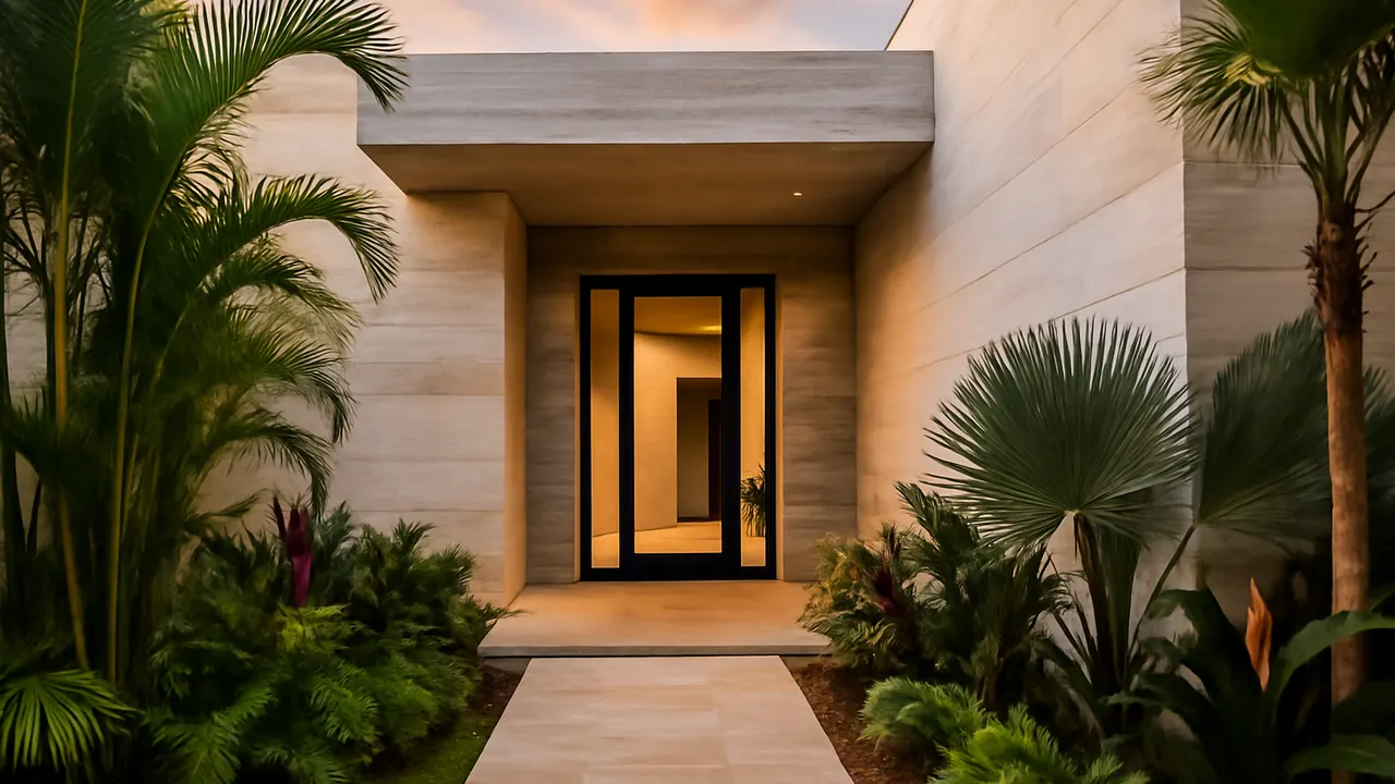 Entrada de vivienda de lujo en Punta Cana con piedra travertino y hormigón visto, rodeada de vegetación tropical autóctona, luz natural al atardecer