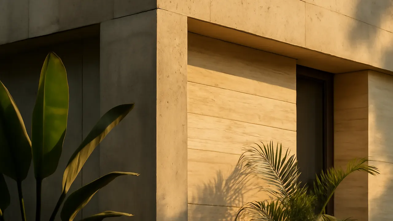 Detalle arquitectónico de fachada en hormigón visto y piedra travertino crema con vegetación autóctona, luz cálida de atardecer en Punta Cana