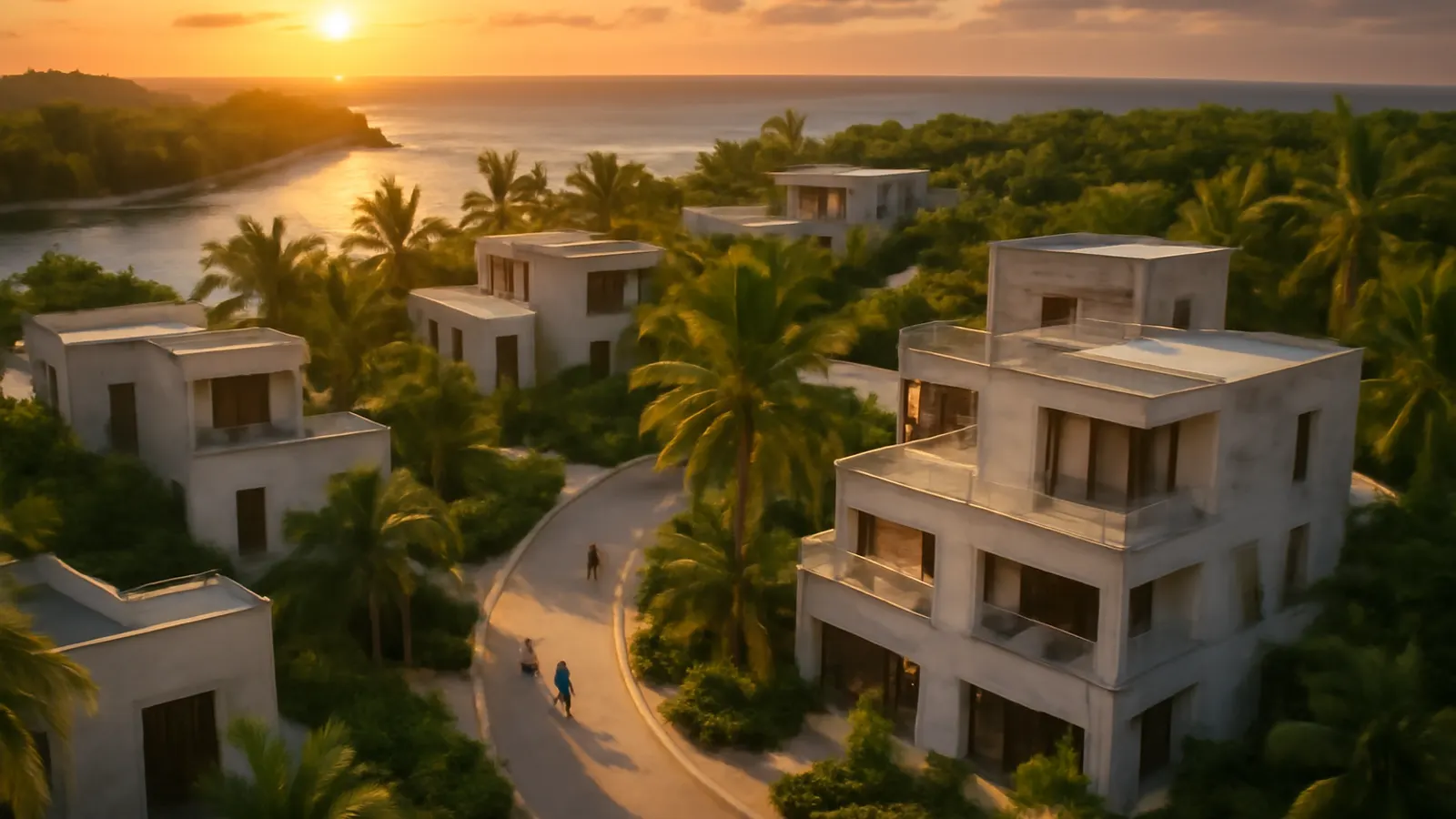 Vista aérea al atardecer de zona residencial de lujo en Punta Cana con arquitectura de hormigón visto y piedra travertino crema, vegetación autóctona y escala humana