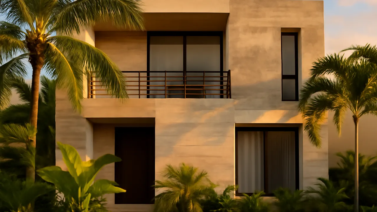 Detalle arquitectónico de fachada residencial de lujo en Punta Cana con piedra travertino crema y hormigón visto, vegetación tropical autóctona y luz cálida de atardecer
