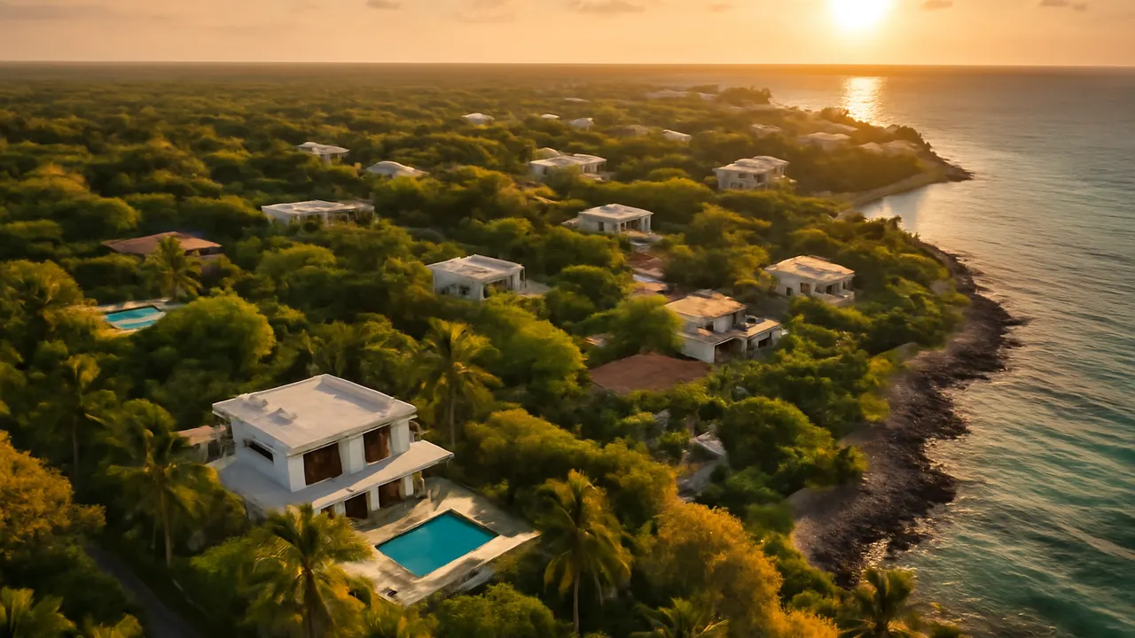 Toma aérea de área costera en Punta Cana que muestra integración de residencias de lujo con vegetación tropical autóctona bajo luz cálida de atardecer