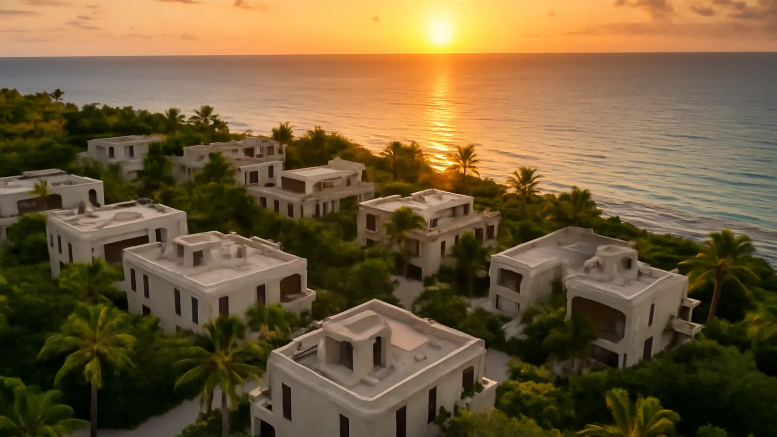 Vista aérea fotorealista de una zona residencial de lujo en el Caribe en Punta Cana al atardecer, con edificios color crema travertino y hormigón visto, vegetación autóctona y arquitectura a escala humana