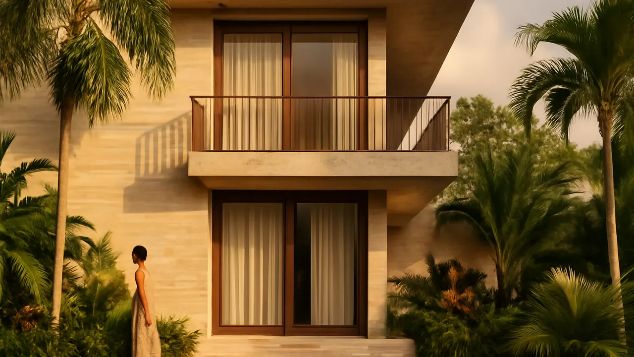 Detalle arquitectónico de fachada en travertino crema y hormigón visto en propiedad de lujo en Punta Cana, simbolizando incentivos fiscales para inversión inmobiliaria