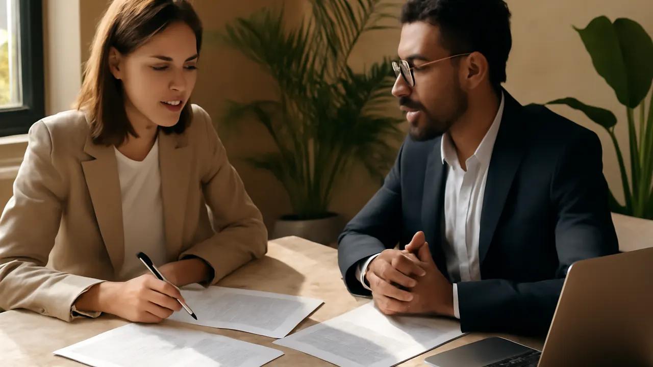 Asesoría fiscal para inversores extranjeros en Punta Cana, imagen de consulta profesional con documentos y laptop en mesa de travertino