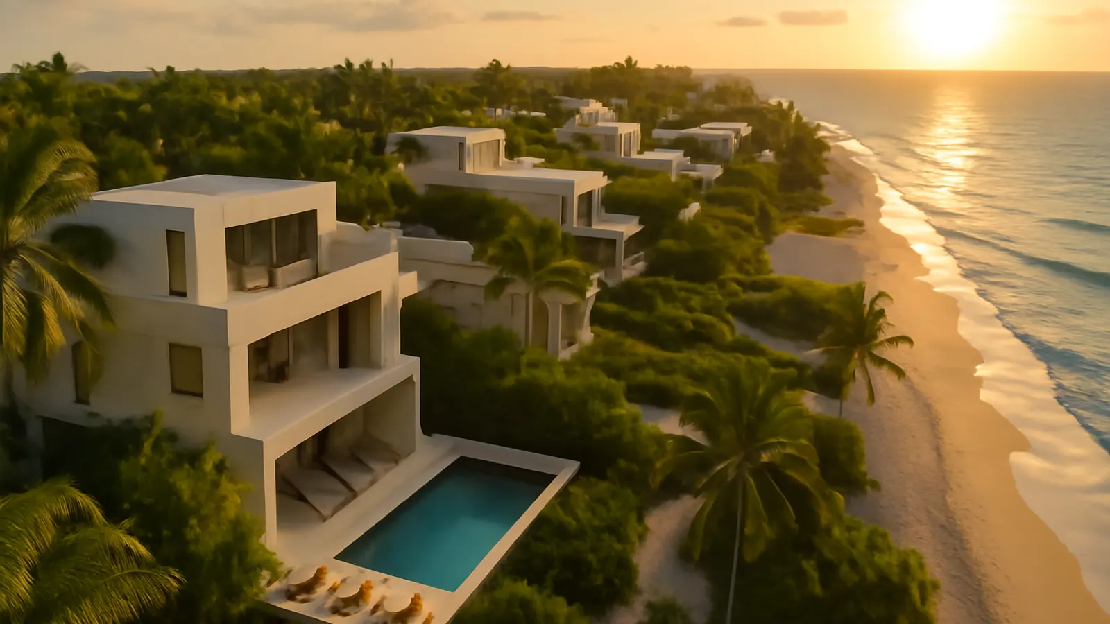 Vista aérea al atardecer de propiedades inmobiliarias de lujo en Punta Cana con arquitectura en travertino crema y hormigón visto, vegetación autóctona, representando inversión inmobiliaria en Punta Cana