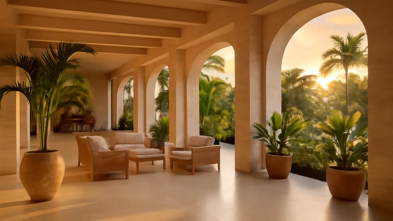 Interior de un hotel de lujo en Punta Cana con acabados en travertino crema y vegetación tropical, representando el crecimiento y dinámica del turismo en Punta Cana