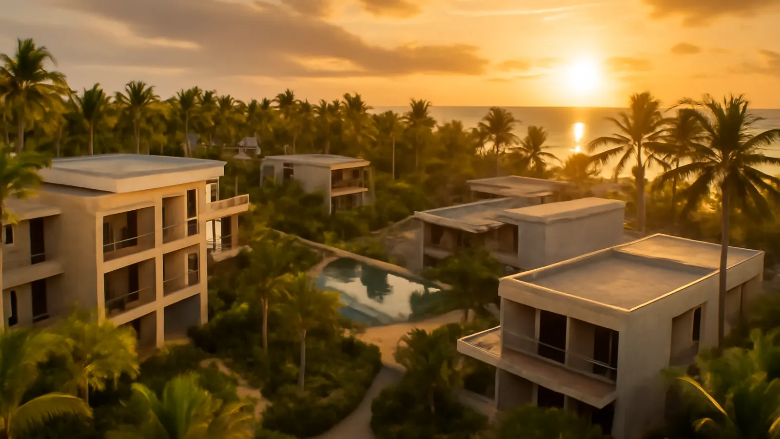 Vista aérea al atardecer de un resort de lujo en Punta Cana con arquitectura en travertino crema y hormigón visto, rodeado de vegetación autóctona, reflejando la infraestructura turística de Punta Cana