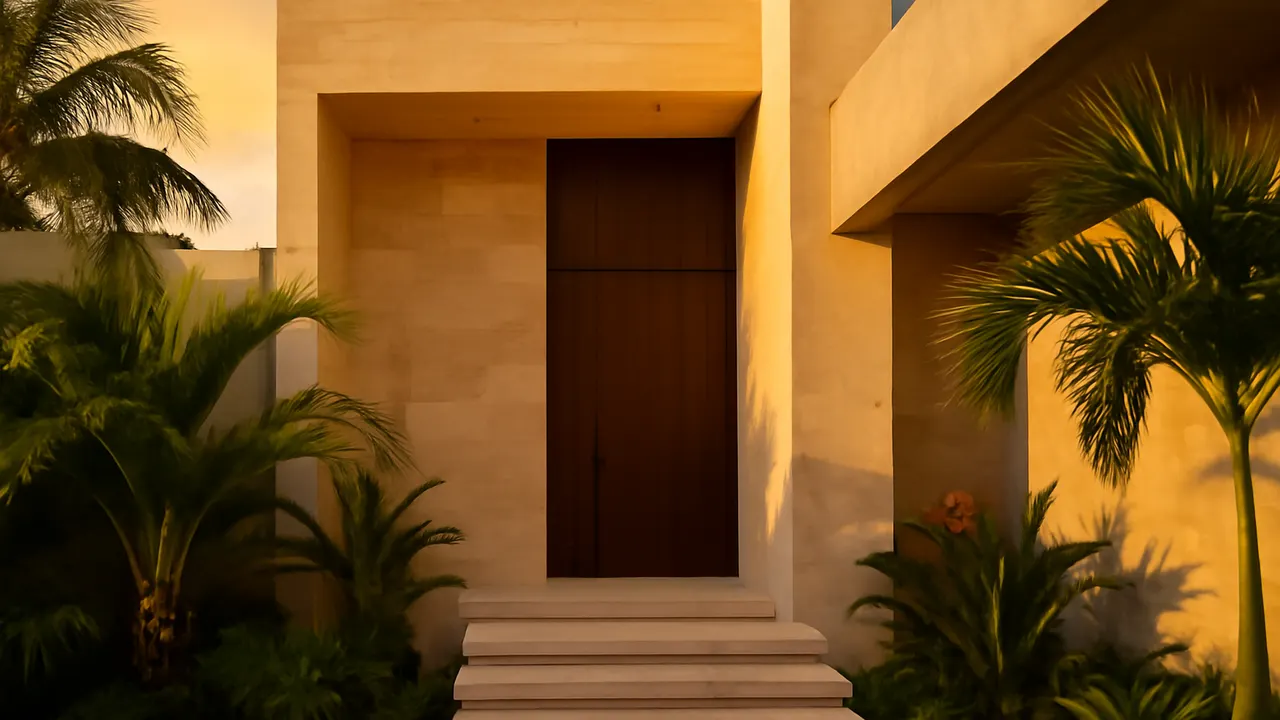Detalle arquitectónico de una residencia de lujo en Bávaro con travertino crema y hormigón visto, rodeada de vegetación autóctona al atardecer