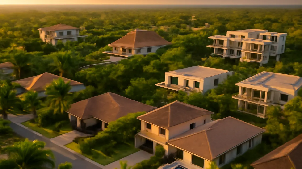 Vista aérea de sectores residenciales variados en una comunidad de lujo en Bávaro, con diferentes tipos de propiedades y vegetación autóctona