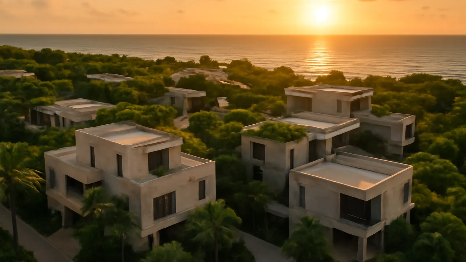 Vista aérea de una zona residencial de lujo en la costa caribeña de Bávaro al atardecer, con arquitectura en travertino crema y hormigón visto integrada con vegetación autóctona