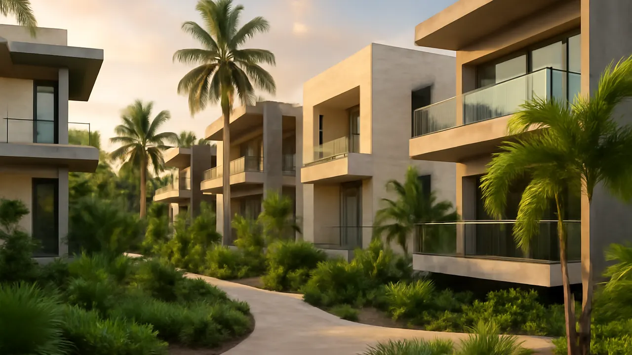 Complejo residencial moderno en Bávaro con fachadas en travertino crema y hormigón visto, vegetación autóctona y luz de atardecer