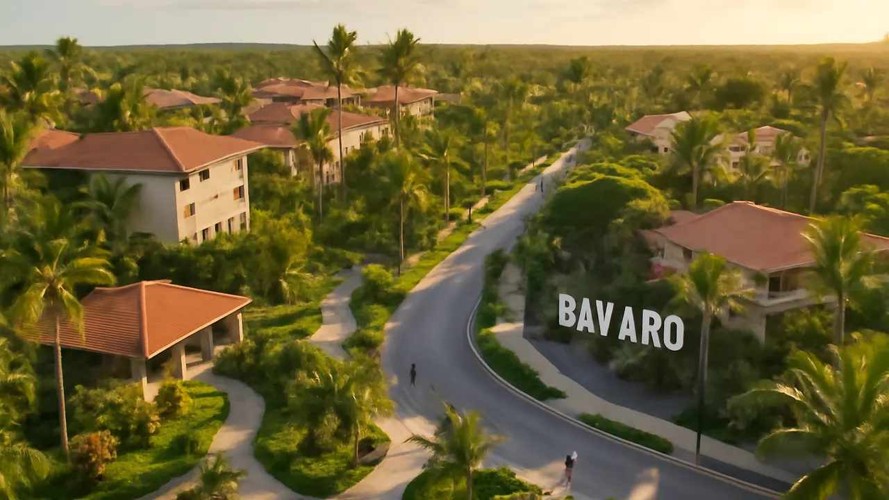 Vista aérea de zona hotelera en Bávaro con jardines tropicales y vegetación autóctona, arquitectura a escala humana y luz cálida de la tarde