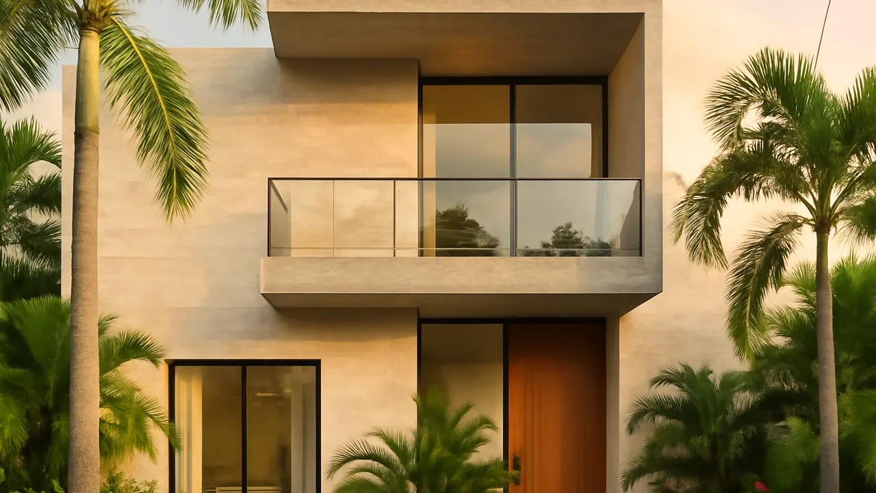 Detalle arquitectónico de residencia de lujo en el Caribe con travertino crema y hormigón visto, vegetación autóctona y luz suave al atardecer
