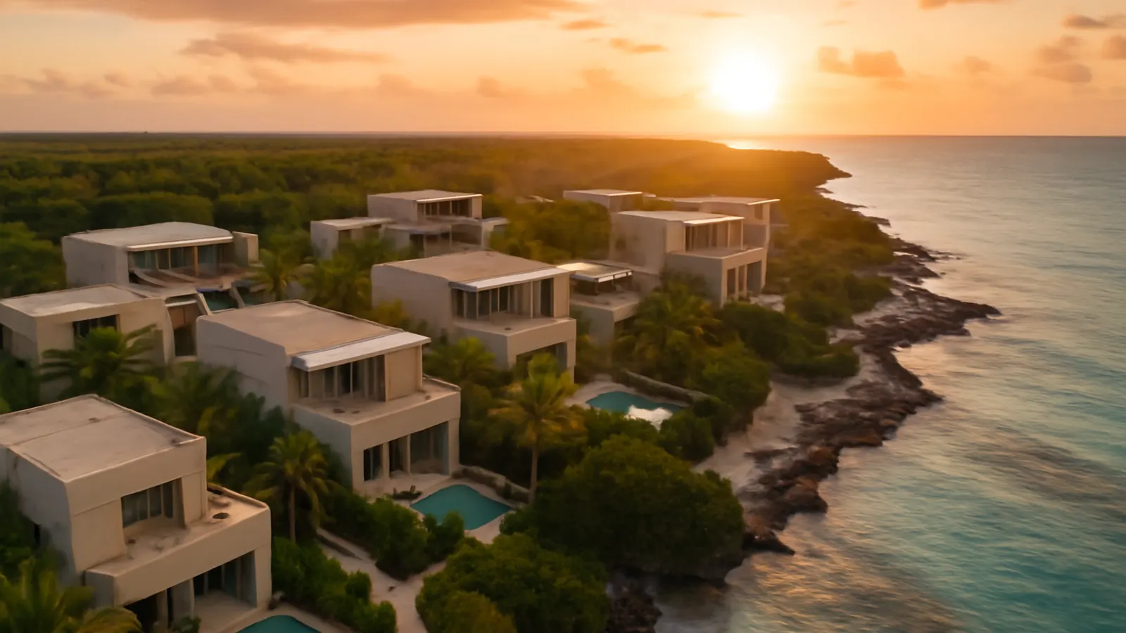 Vista aérea de desarrollo inmobiliario de lujo en el Caribe con arquitectura en travertino crema y hormigón visto, vegetación autóctona y luz cálida al atardecer