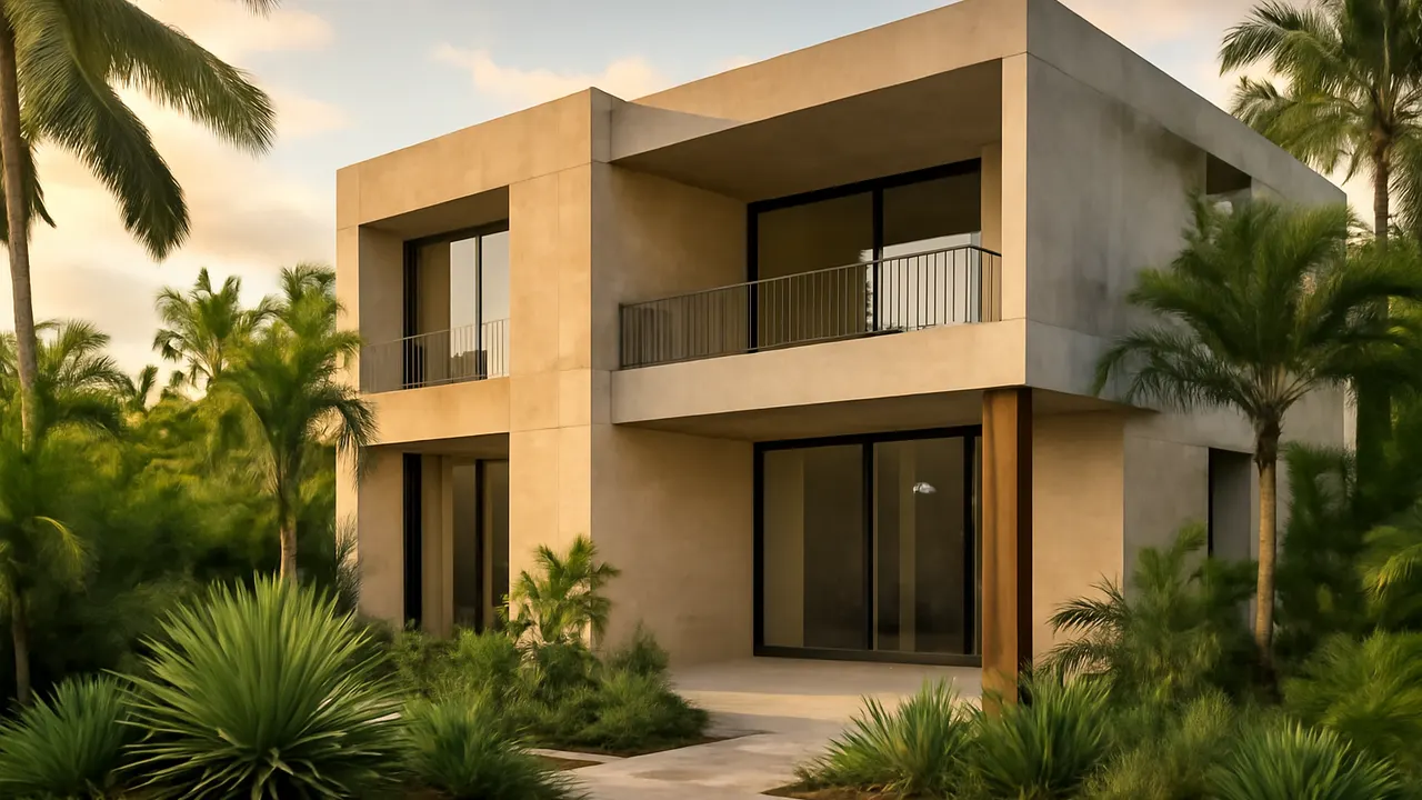 Fotografía arquitectónica de una vivienda de lujo en el Caribe con fachadas en travertino crema y hormigón visto, vegetación autóctona y luz de atardecer, inversión inmobiliaria Caribe