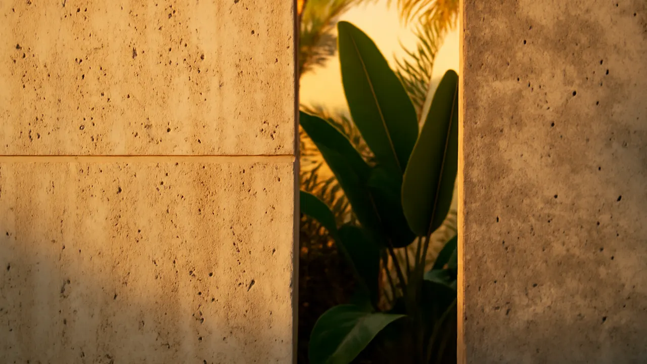 Detalle de texturas naturales de travertino y hormigón visto con vegetación tropical al fondo bajo luz cálida de atardecer, inversión inmobiliaria Caribe