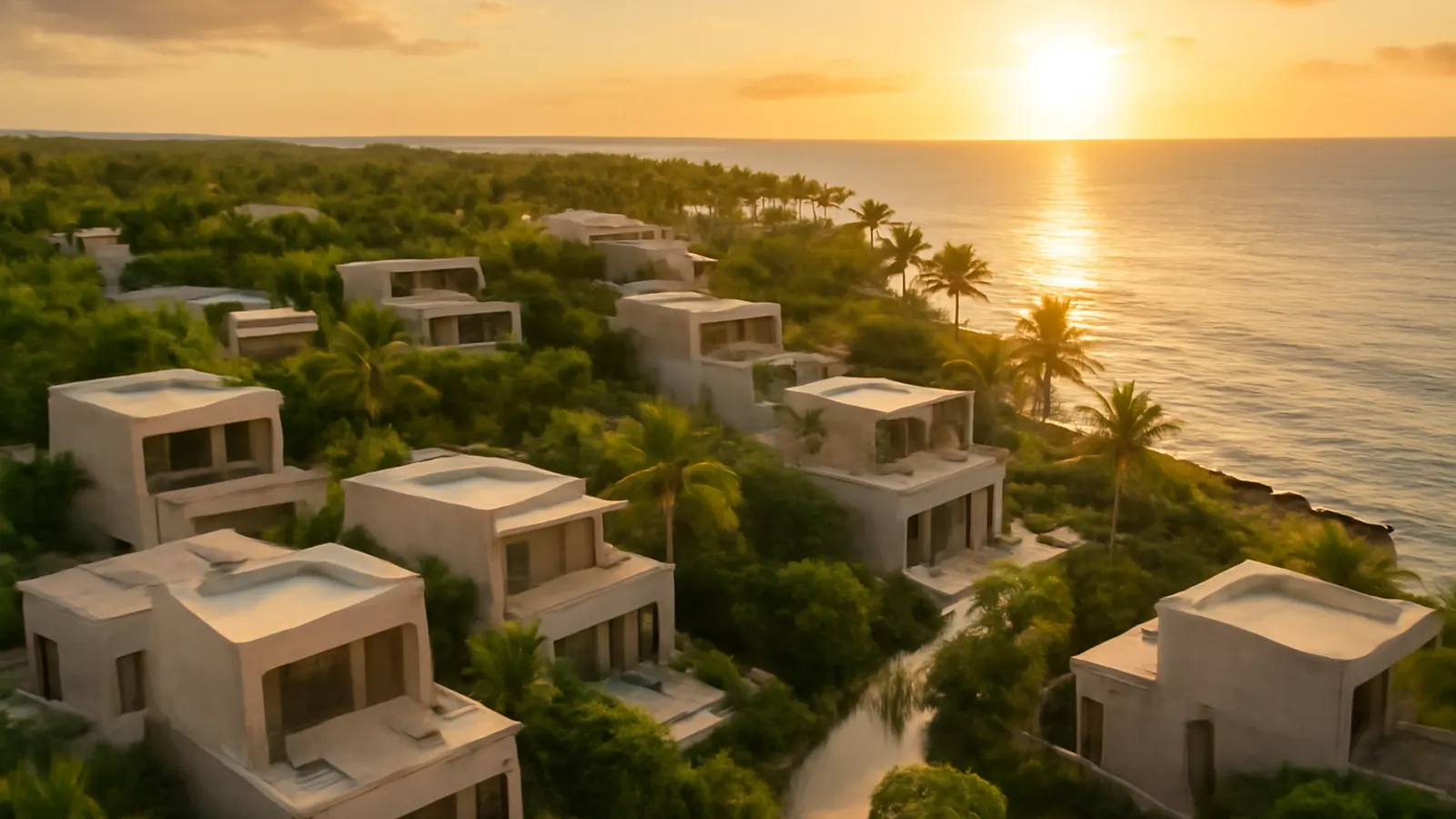Vista aérea de una zona residencial de lujo en el Caribe al atardecer con arquitectura en travertino crema y hormigón visto, vegetación autóctona y luz cálida, inversión inmobiliaria Caribe