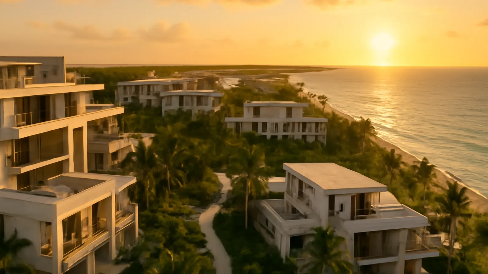 Aerial view of a luxury Caribbean resort at sunset with cream travertine architecture and exposed concrete, native vegetation, and human scale, Caribbean real estate investment