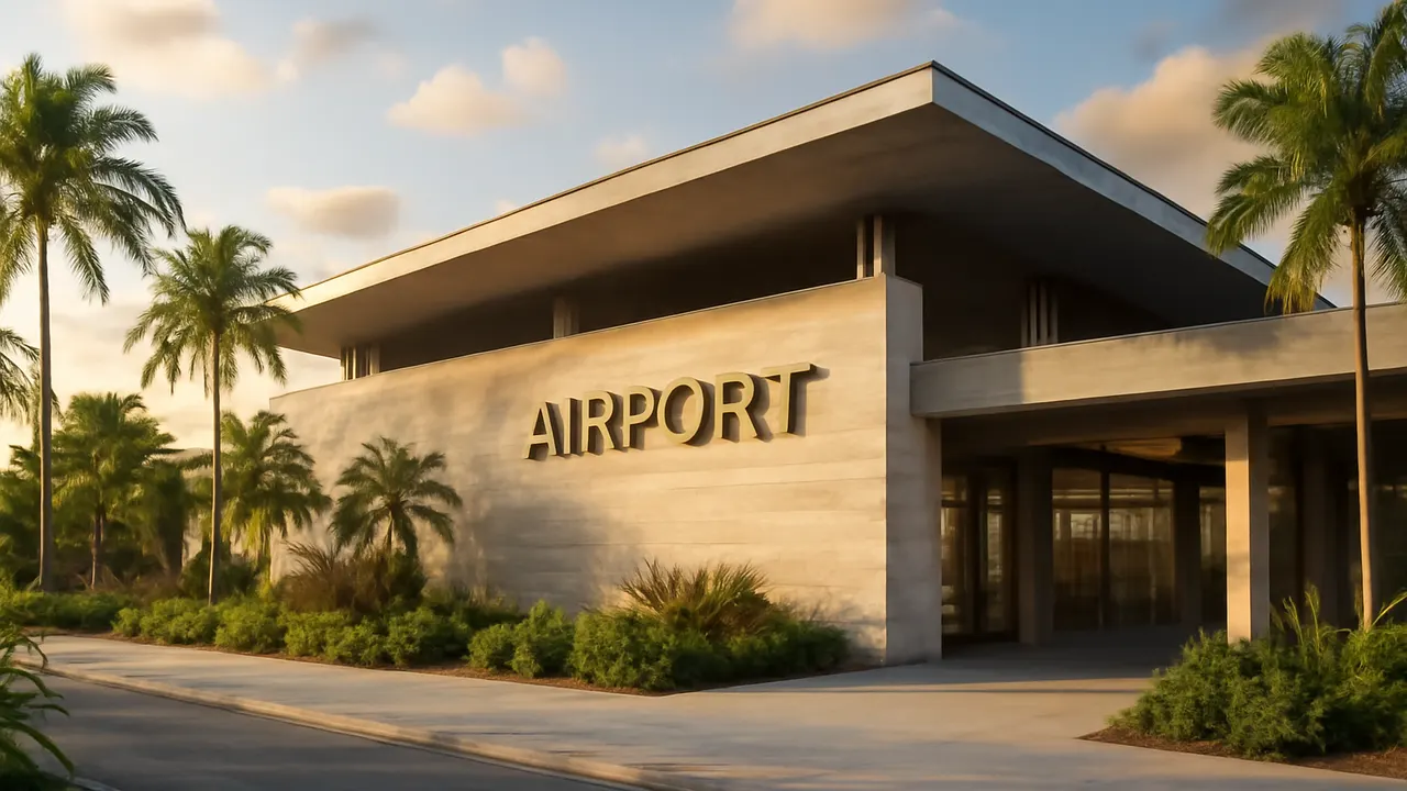 Modern exterior of Caribbean airport in Punta Cana at sunset with clean cream travertine and exposed concrete architecture, surrounded by native vegetation