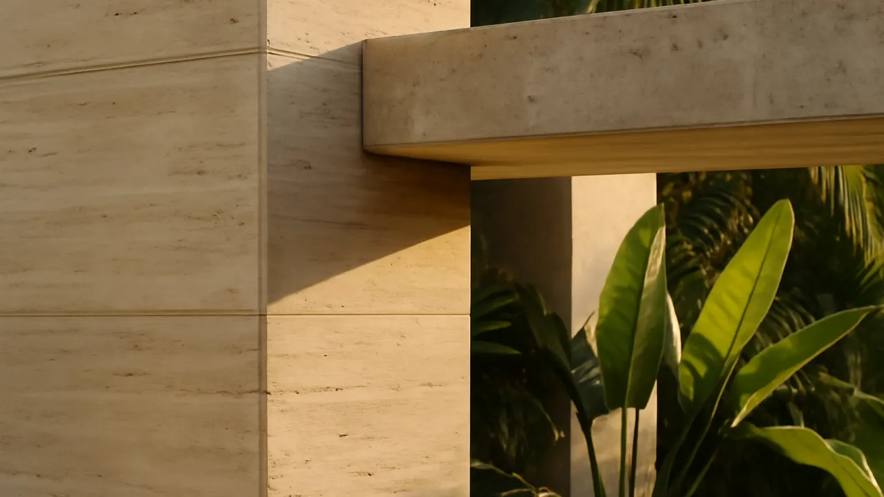 Architectural detail of luxury materials in Punta Cana: cream travertine and exposed concrete with tropical vegetation in the background
