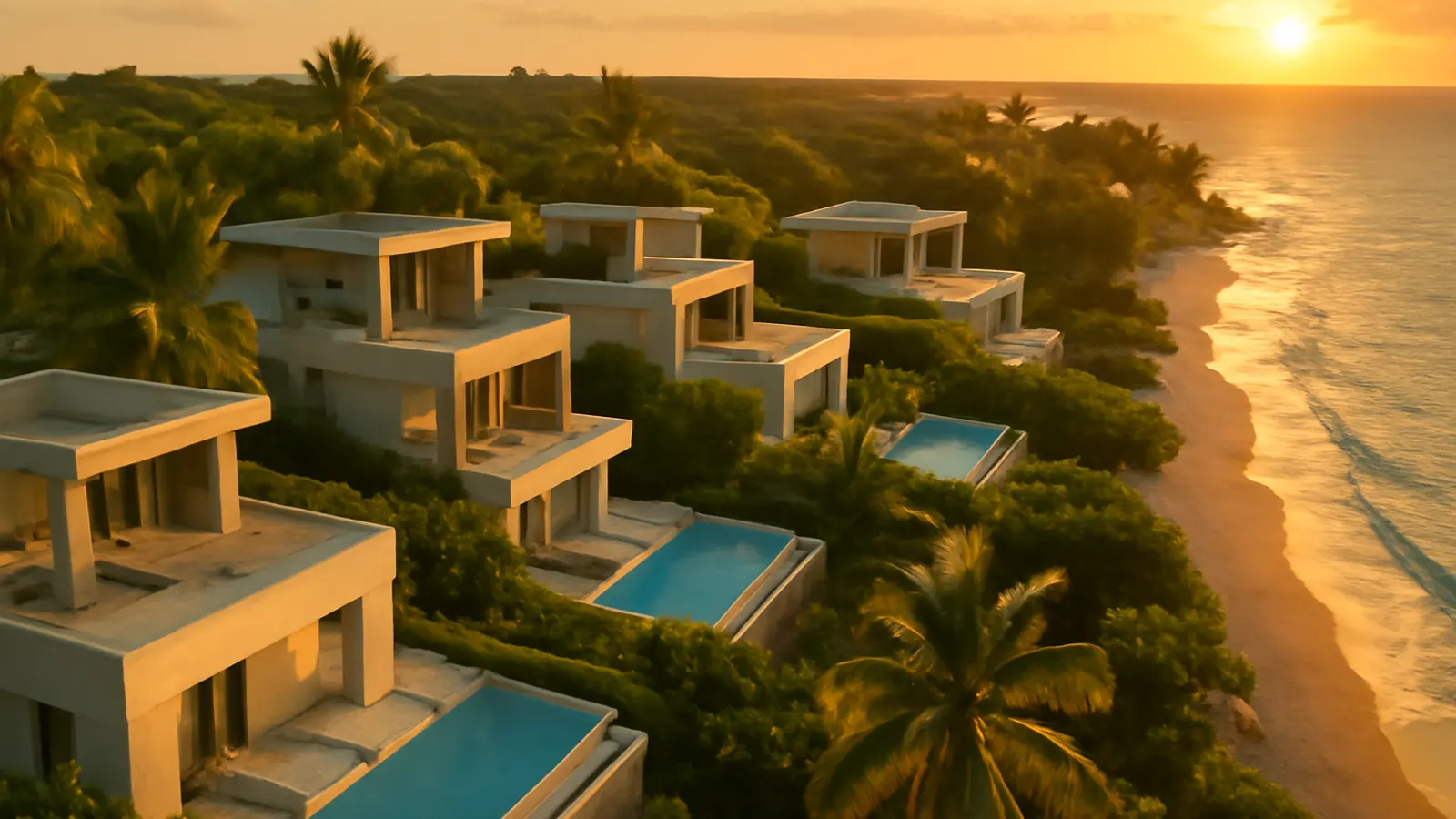 Vista aérea de lujo inmobiliario caribeño en la playa de Punta Cana al atardecer, con arquitectura en travertino crema y hormigón visto, rodeada de vegetación autóctona