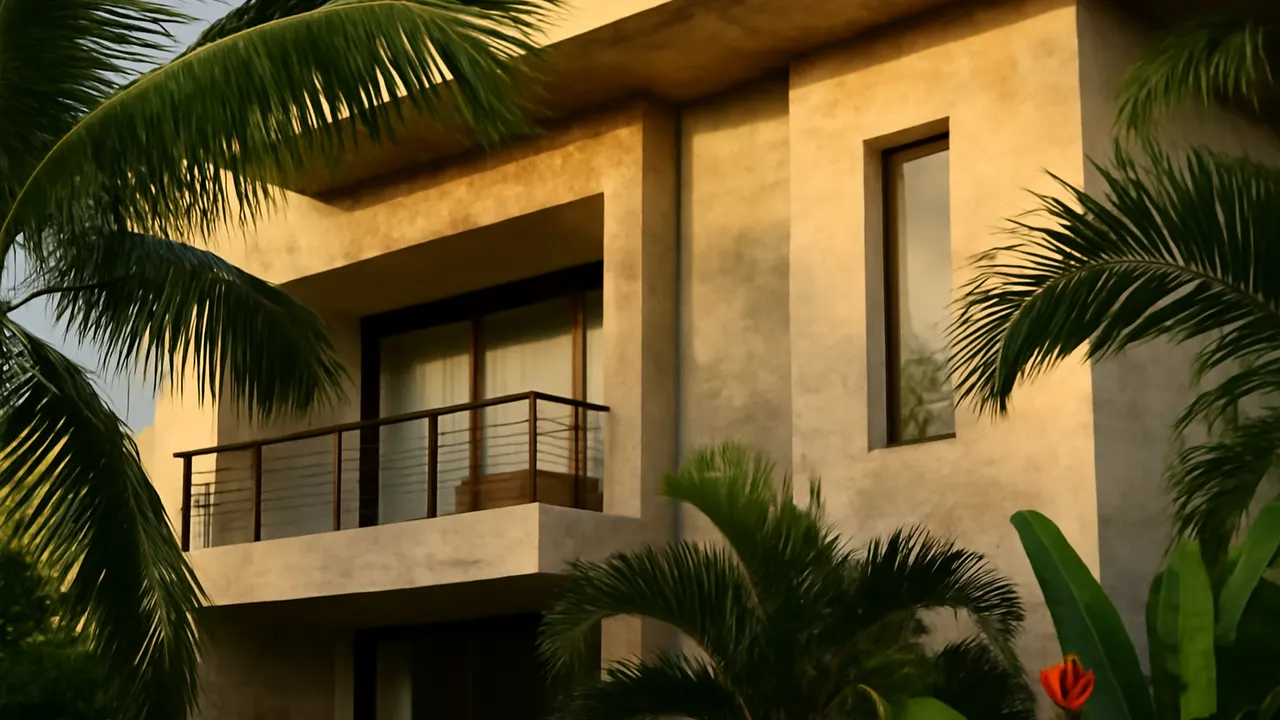 Detalle arquitectónico de fachada residencial de lujo en Punta Cana con travertino crema y hormigón visto, vegetación autóctona y luz cálida de atardecer