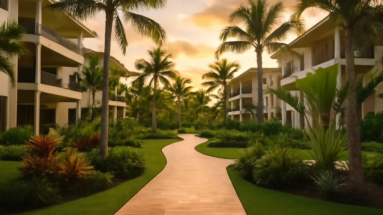 Vista a nivel del suelo de un patio interior en un complejo residencial de lujo en Punta Cana con vegetación autóctona y senderos en travertino crema bajo luz cálida de atardecer