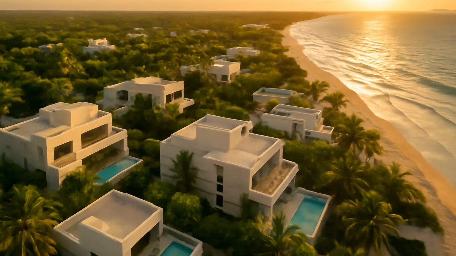 Vista aérea al atardecer de una zona residencial de lujo en el Caribe con arquitectura en travertino crema y hormigón visto, rodeada de vegetación autóctona, inversión inmobiliaria en Punta Cana