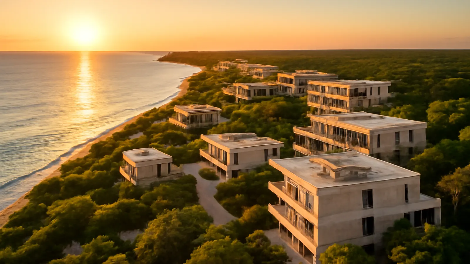 Vista aérea al atardecer de una zona inmobiliaria de lujo en Uvero Alto con vegetación autóctona y arquitectura de escala humana
