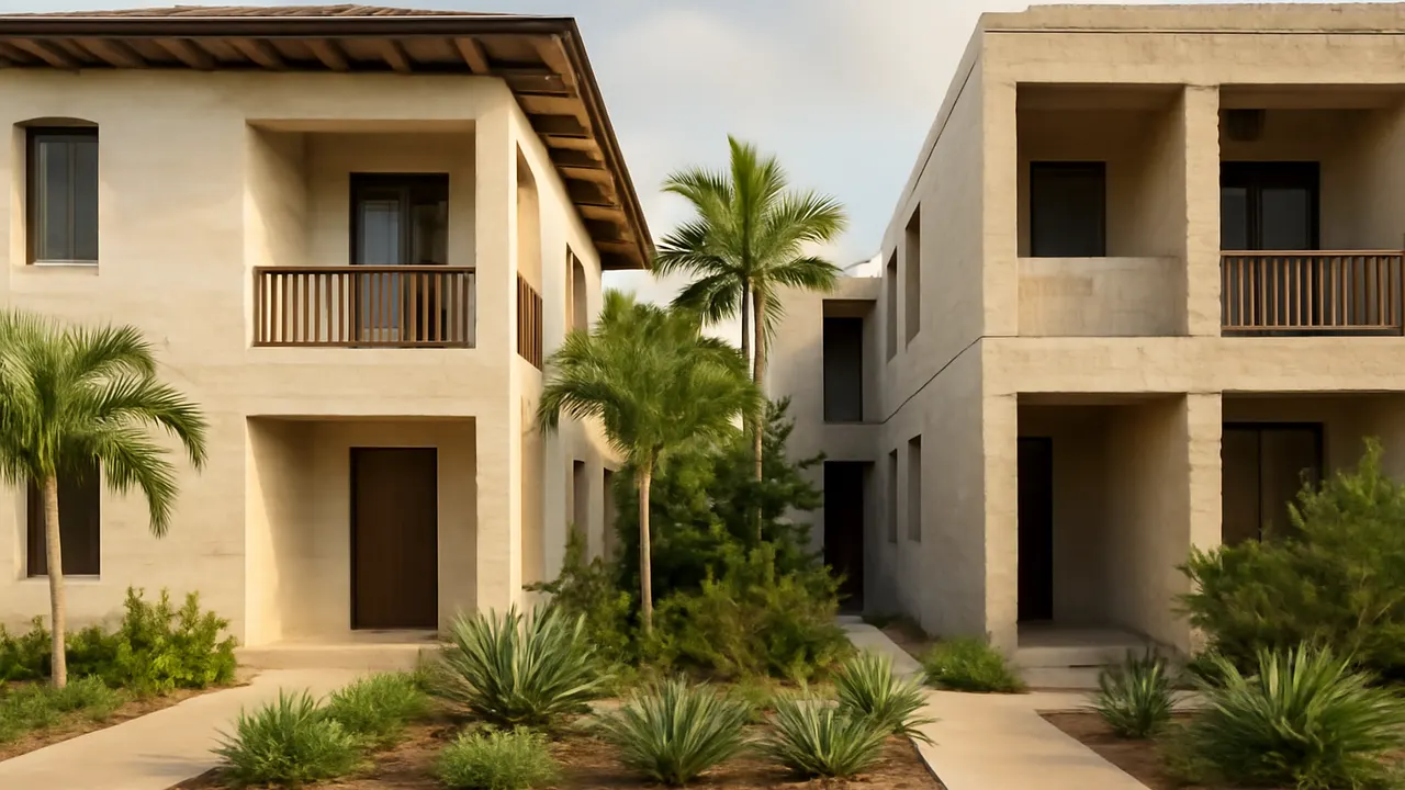 Fotografía arquitectónica de edificios modernos en Punta Cana Village con fachadas en travertino crema y hormigón visto, integrados con vegetación autóctona