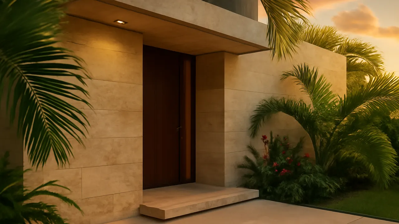 Entrada residencial de lujo en Punta Cana Village con muros en travertino y hormigón visto, rodeada de vegetación tropical al atardecer