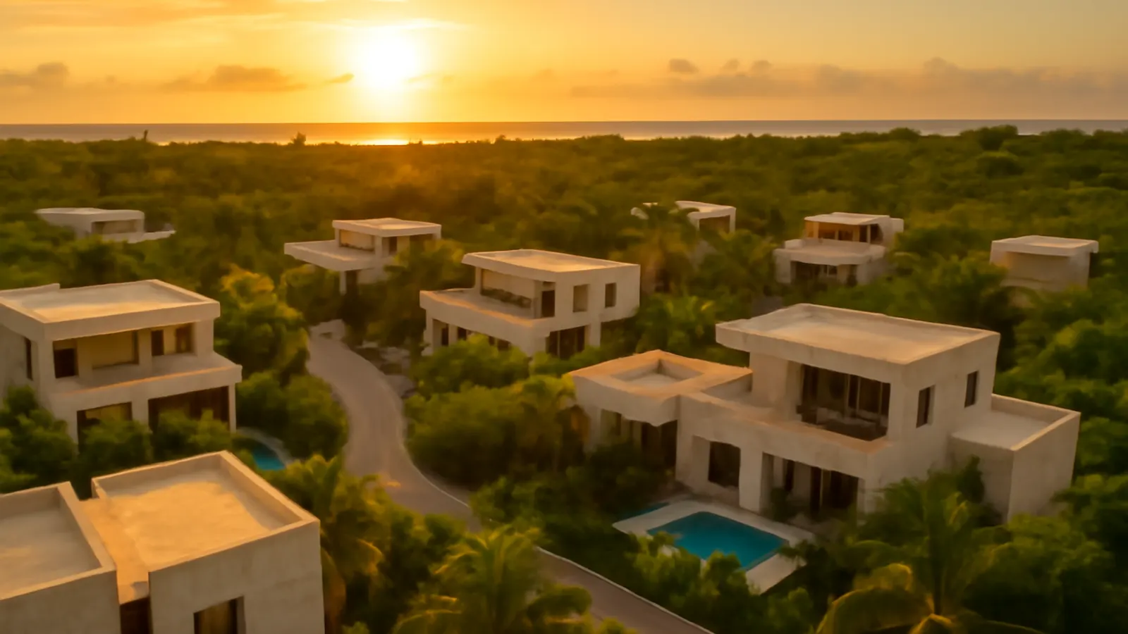 Vista aérea al atardecer de una comunidad residencial de lujo en Punta Cana Village con arquitectura en travertino crema y hormigón visto, rodeada de vegetación autóctona