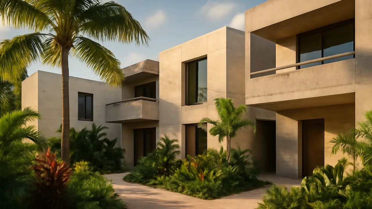 Imagen arquitectónica de complejo residencial caribeño moderno con paredes de travertino crema y hormigón visto, rodeado de vegetación autóctona en luz cálida de la tarde