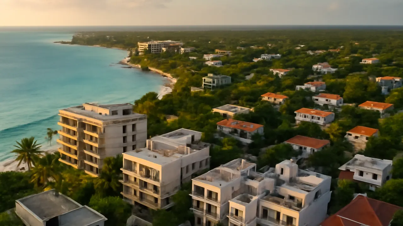 Vista aérea de destinos inmobiliarios caribeños con vegetación natural y elementos de travertino y hormigón, iluminados por luz suave de atardecer que resalta estilos y escalas variadas