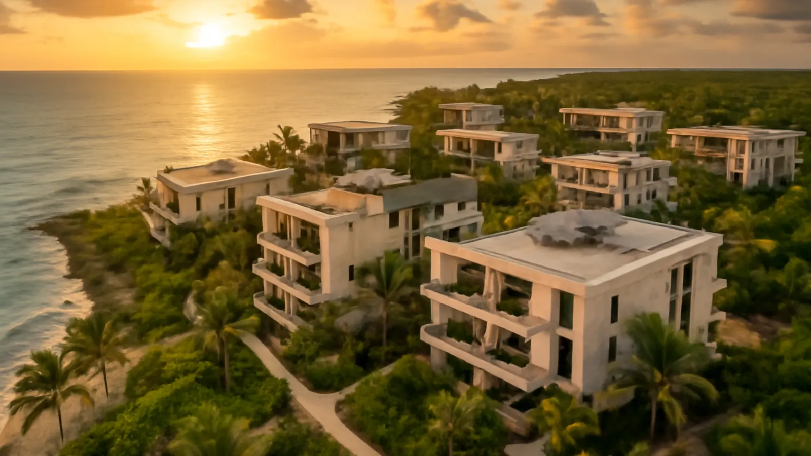 Vista aérea de desarrollo inmobiliario de lujo caribeño al atardecer con fachadas de travertino crema, hormigón visto y vegetación autóctona, destacando arquitectura a escala humana
