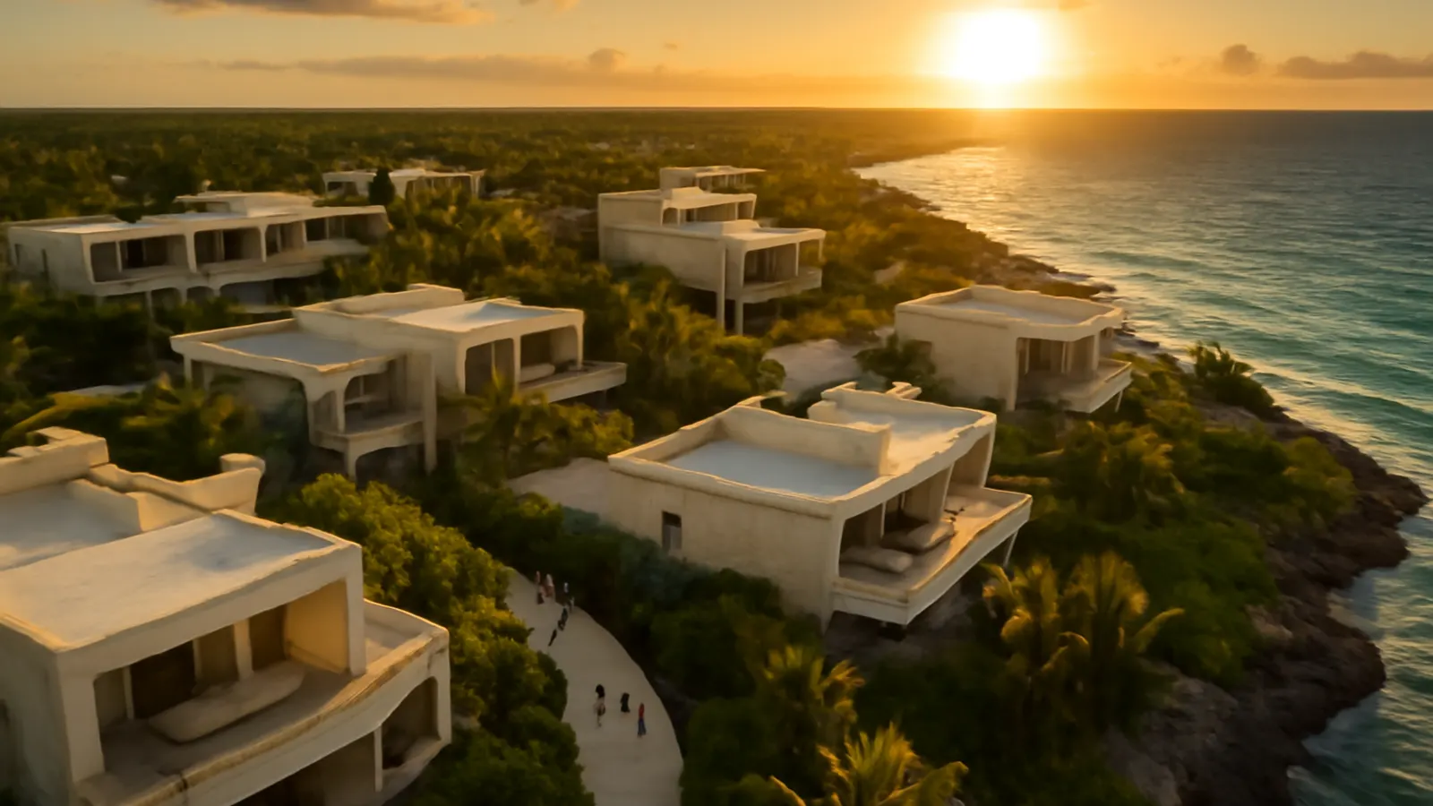 Aerial sunset view of a luxury resort in Punta Cana with cream travertine stone and exposed concrete architecture, surrounded by native vegetation, showing human scale and Caribbean atmosphere