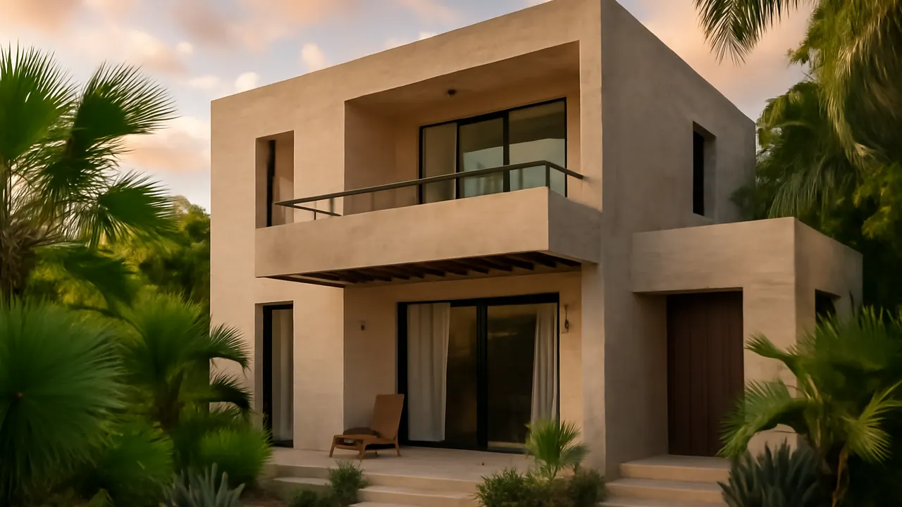 Modern vacation rental facade in Punta Cana with cream travertine and exposed concrete materials, integrated into native natural surroundings, representing vacation rental management