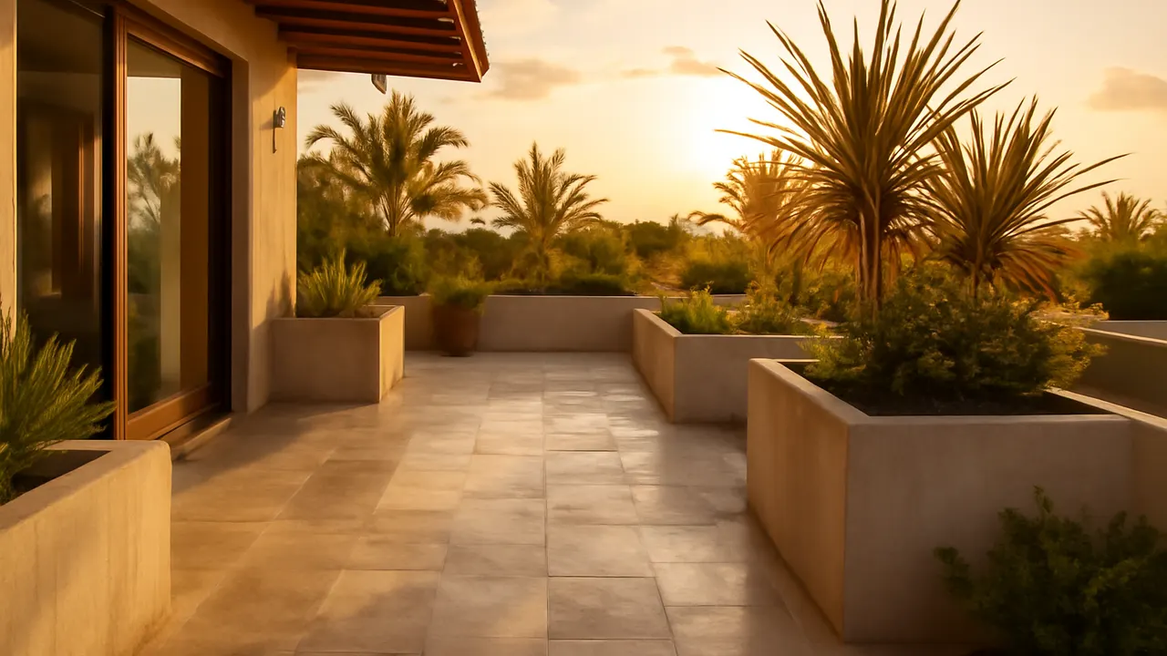 Outdoor terrace of a vacation rental in Punta Cana with travertine flooring and native vegetation, illuminated by warm sunset light, illustrating factors of operational profitability
