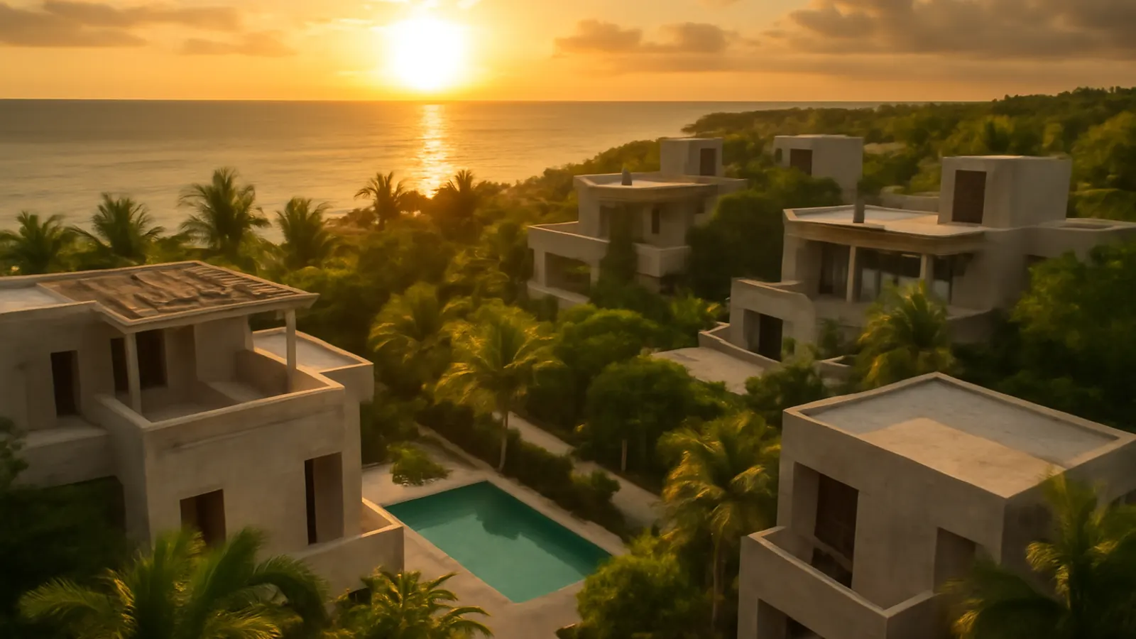 Vista aérea al atardecer de un resort de lujo en Punta Cana con arquitectura en travertino crema y hormigón visto, rodeado de vegetación autóctona, representando el alquiler vacacional en Punta Cana