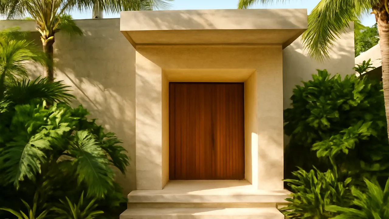 Entrance of a modern villa in Punta Cana with cream travertine stone, exposed concrete, and tropical vegetation