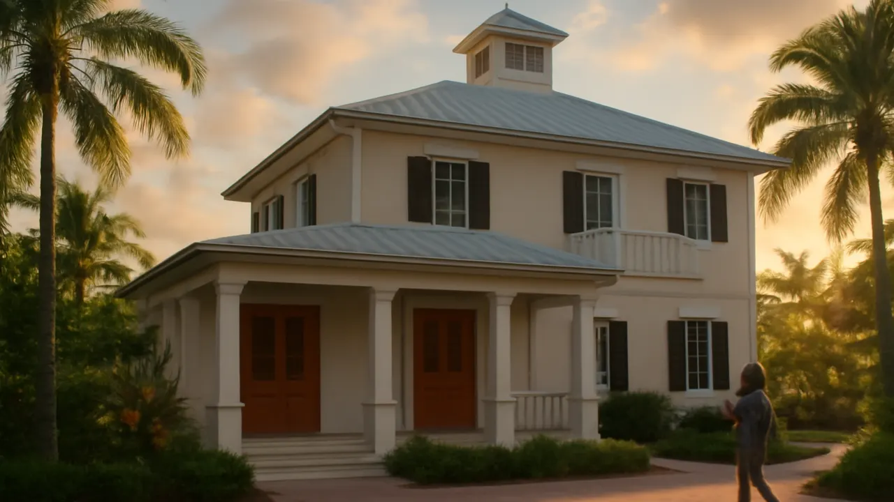 Office building of property registry in tropical environment with Caribbean architecture and natural light at sunset