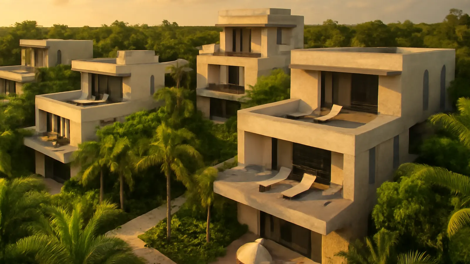 Vista aérea fotorealista de arquitectura residencial de lujo caribeña en Punta Cana al atardecer, con fachadas crema travertino y hormigón visto, vegetación tropical autóctona y luz cálida