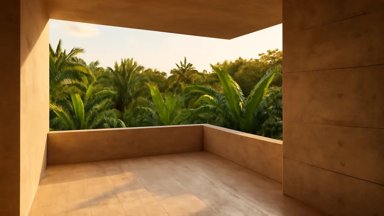 Terraza iluminada por el sol en Punta Cana con piso de travertino y paredes de hormigón visto, rodeada de vegetación autóctona, representando el clima y estilo de vida caribeño
