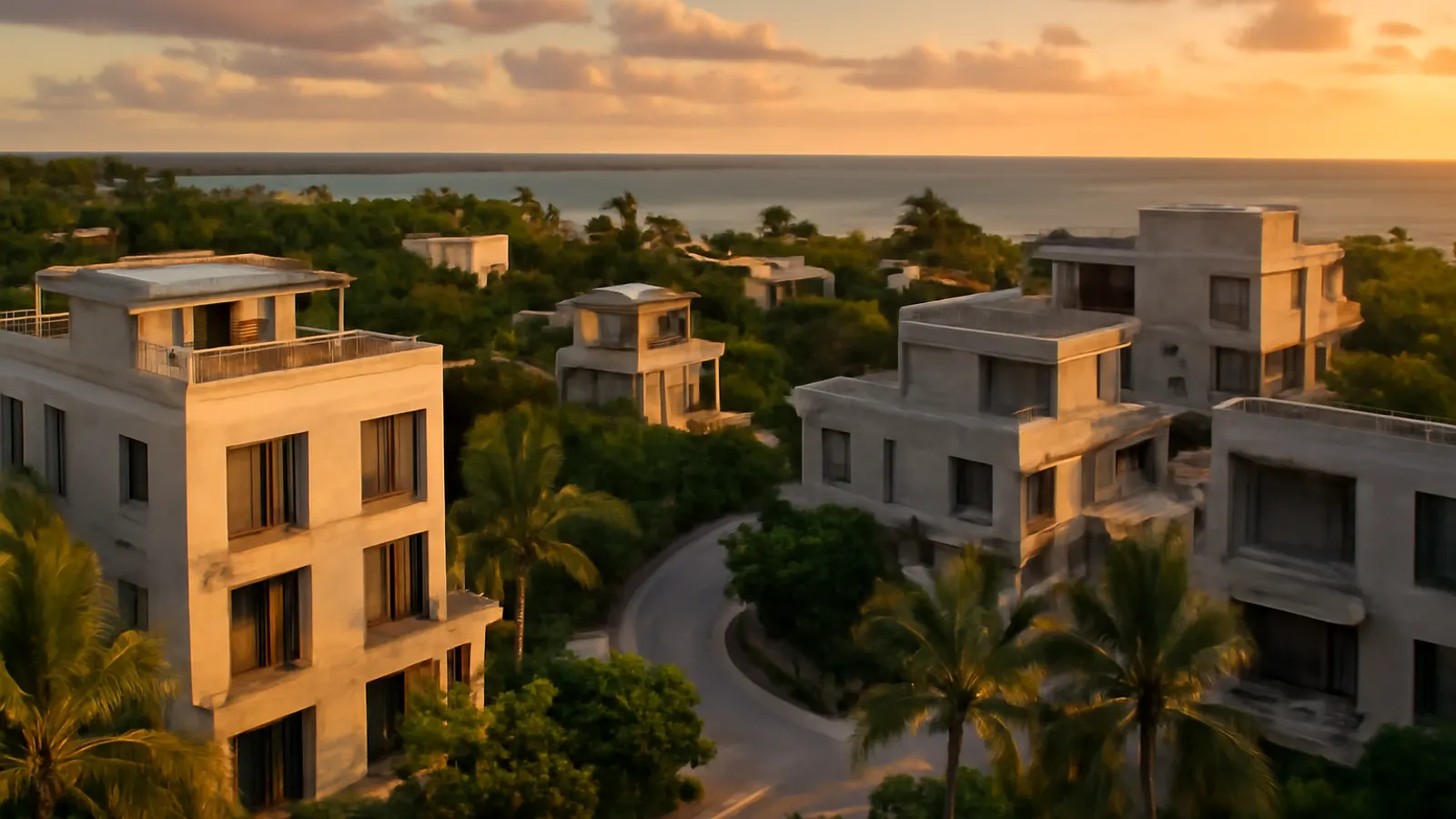 Vista aérea al atardecer de una comunidad caribeña de lujo en Punta Cana con arquitectura en travertino crema y hormigón visto, vegetación autóctona y escala humana